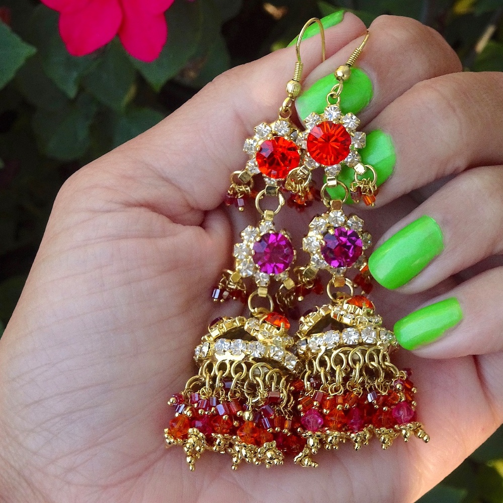 Fuchsia & Orange Jewel Gold Bollywood Big Chandelier Dangle Statement Earrings